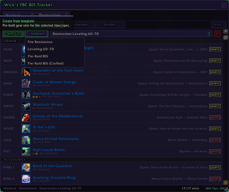 Wick's TBC BIS Tracker in game