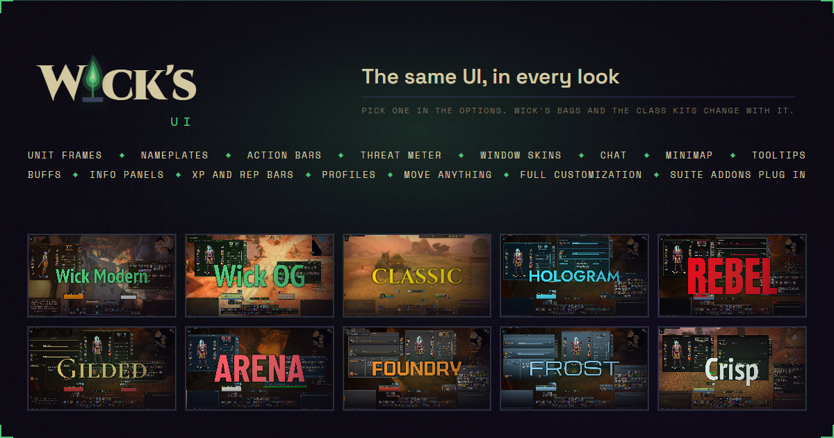Wick's UI: the same interface in ten looks, Wick Modern, Wick OG, Classic, Hologram, Rebel, Gilded, Arena, Foundry, Frost and Crisp. Unit frames, nameplates, action bars, threat meter, window skins, chat, minimap, tooltips, buffs, info panels, XP and rep bars, profiles, move anything, full customization, and suite addons plug in.